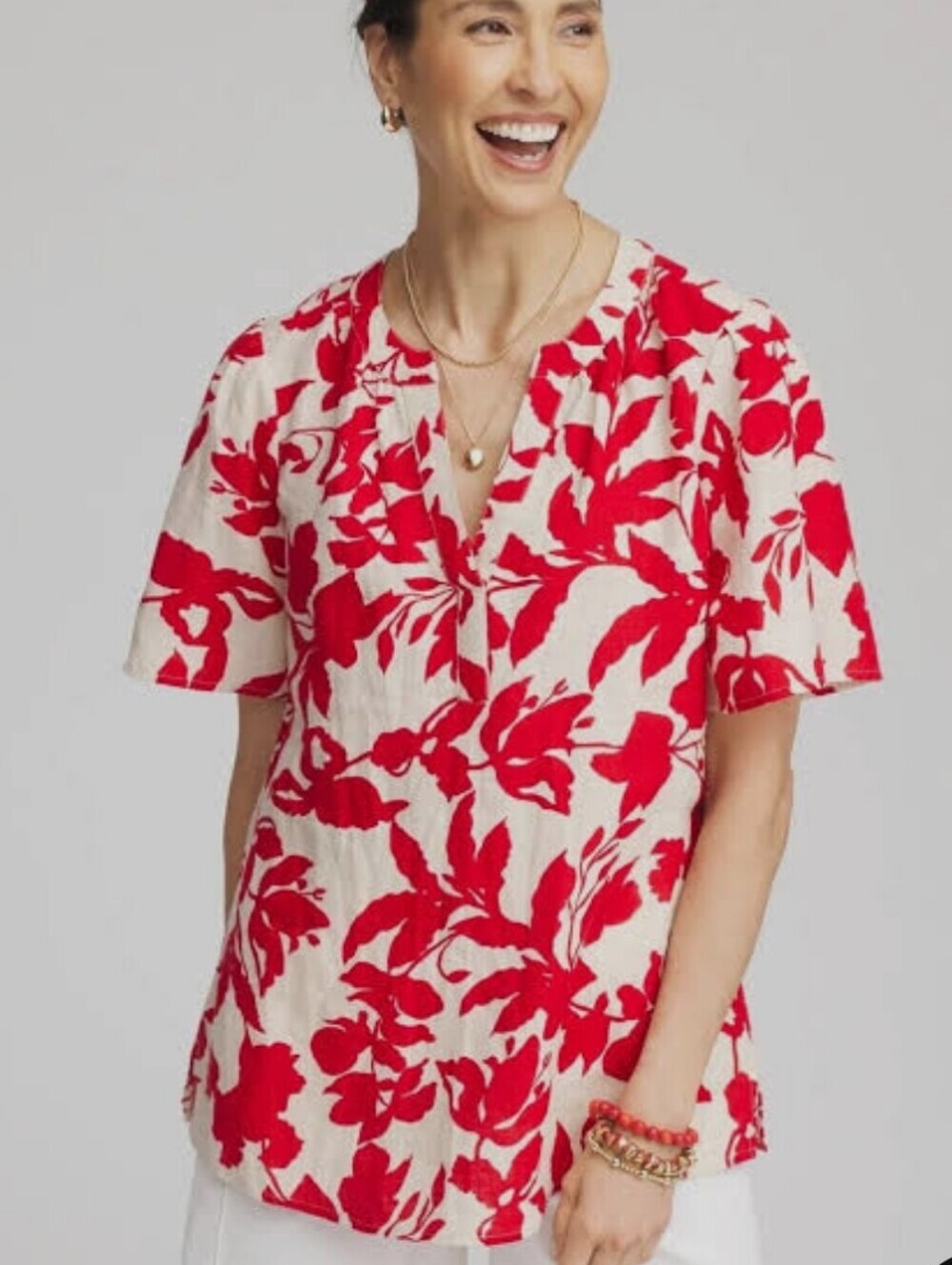 Chico’s Red Floral 100 %Linen Blouse Top Size 14